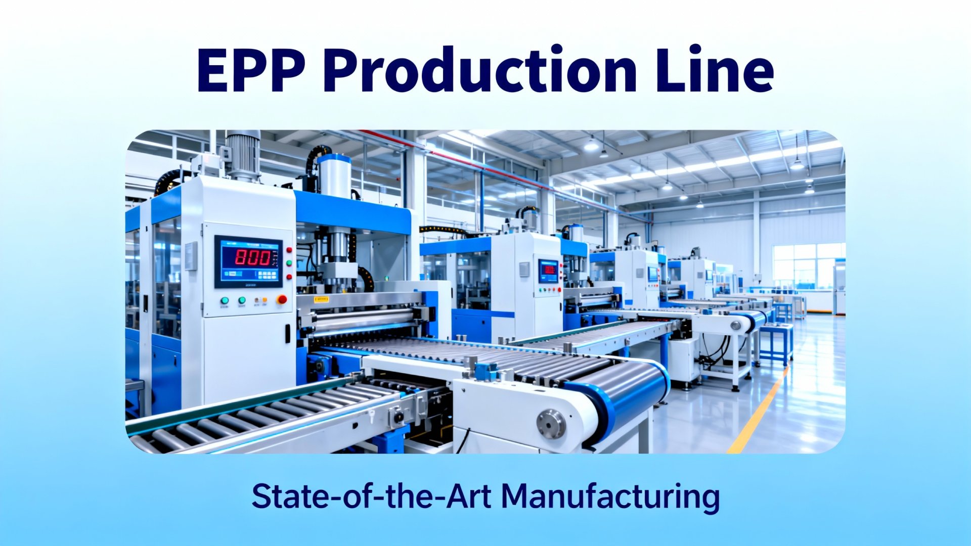 jimeng-2025-12-11-4006-现代工业设计风格，展示EPP材料生产车间的现代工业海报。背景为浅蓝色渐变，画面中...