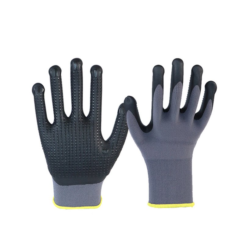 Manufacturers 15G Nylon Spandex Black Nitrile Safety Foam Glove with Micro Finish Coating Dots Industrial Work Gloves