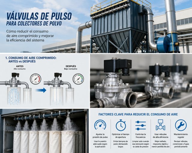 ¿Cómo reducir el consumo de aire comprimido en válvulas de pulso para colectores de polvo?