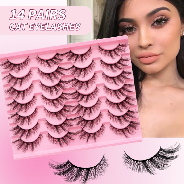 14 Pairs Cat Eye Lashes with Colored Rectangle-Tray Strip Lashes M032