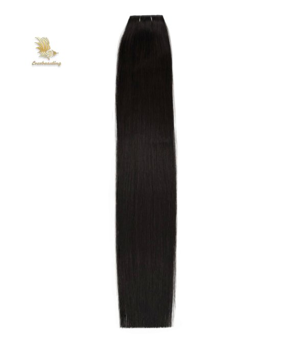 Full-length view of 100% virgin human hair Butterfly Weft extensions in a silky straight texture