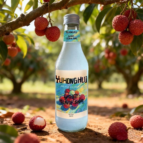 Premium 360ml Glass Bottle Carbonated Lychee Soda All-Natural Sweet Taste Twist-Off Cap Private Label Bulk Include Tea Fruit (305)