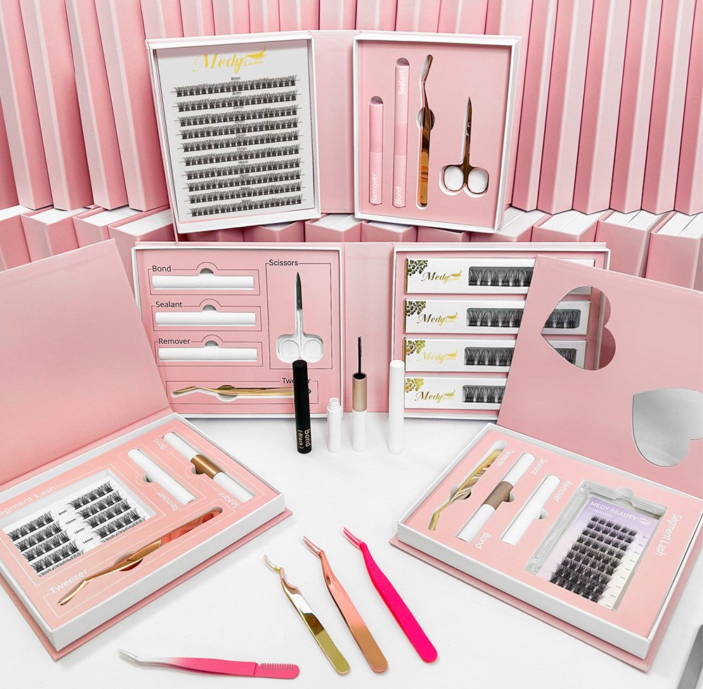 Wholesale customizable cluster eyelashes, C & D brand, curled segmented pre-cut extension kits, cluster eyelash kits.