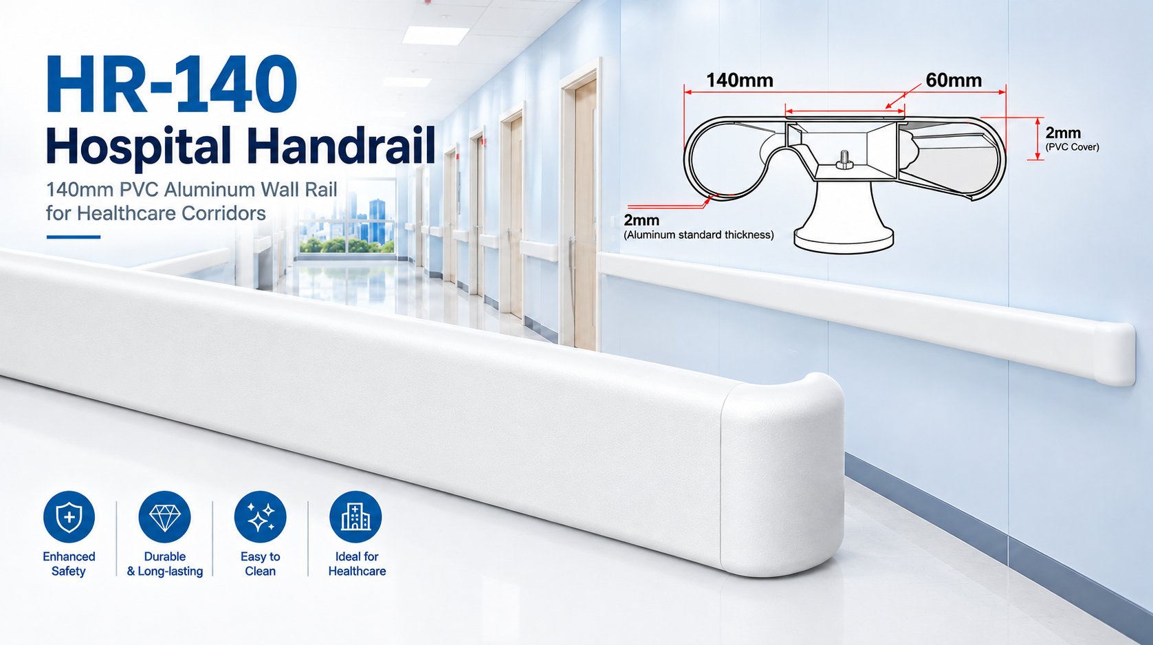 HR-140 Hospital Handrail | 140mm PVC Aluminum Wall Rail for Healthcare Corridors