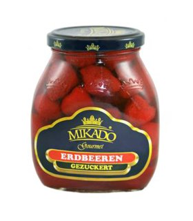 premium canned strawberry packed in glass jars and printed tins