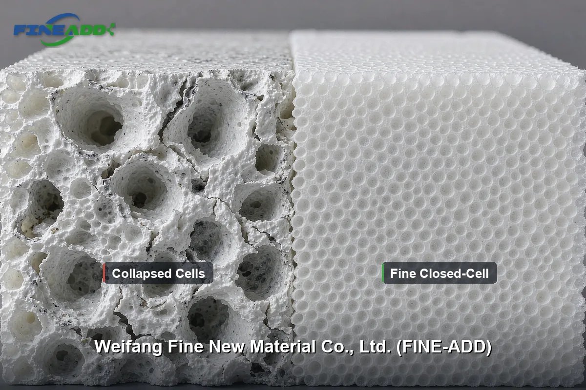 Cross-section comparison of PVC foam board: collapsed void cells vs uniform fine closed-cell structure