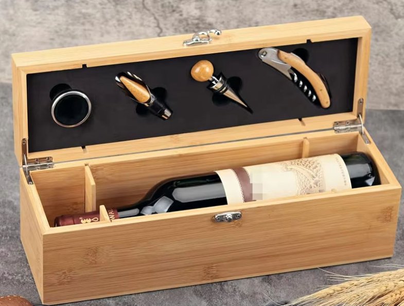 Custom Unfinished Wood Grain Single Bottle Wooden Decorative Wine Box with Lid Great for Wine Accessory Sets