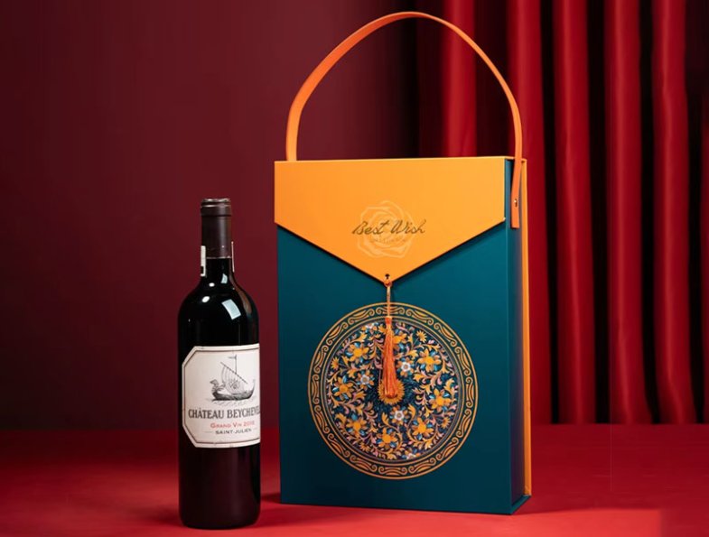 Creative Thickened Grey Board Paper Orange Green Wine Gift Box With Pu Leather Handle Wine Storage Box for Double Wine Bottle