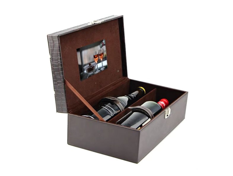 Hign End Customized PU Promotional Red Wine Gift Box 7 Inch LCD Screen Video Player Light Control Video Packaging Box