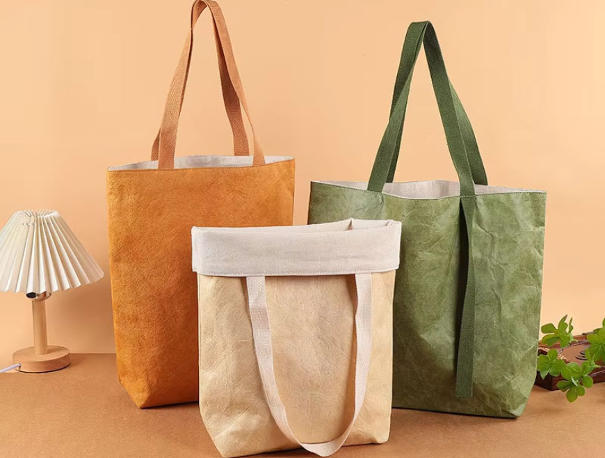 Custom Logo Washable Kraft Paper Tote Handbag Set Reusable and Waterproof for Gift Packaging and Shopping