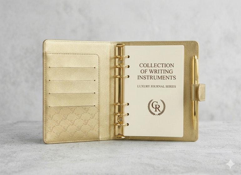 Custom Metallic Gold PU Leather 6-Ring Binder Planner - Open Interior View