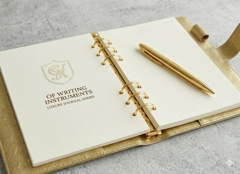 Premium Gold Loose-Leaf Schedule Book with Matching Luxury Pen - Close-Up Angle