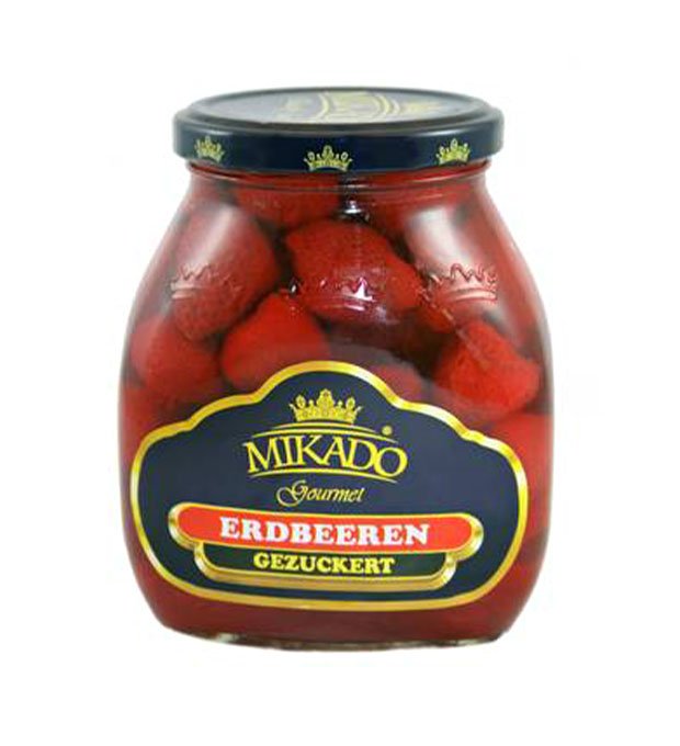 premium canned strawberry packed in glass jars and printed tins