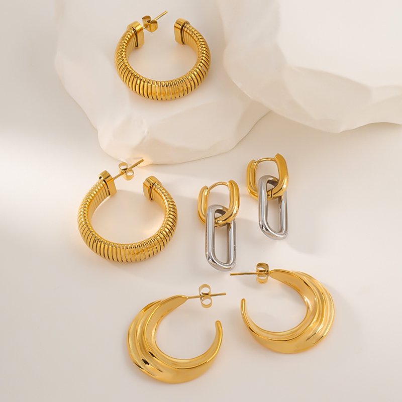 Double-loop C shape gold plating earrings