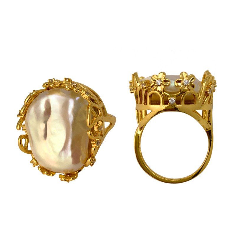 18K gold pearl inlay crown ring