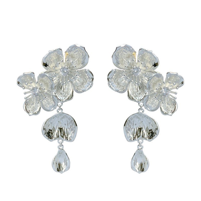 925 silver needle floral tassel pendant earrings