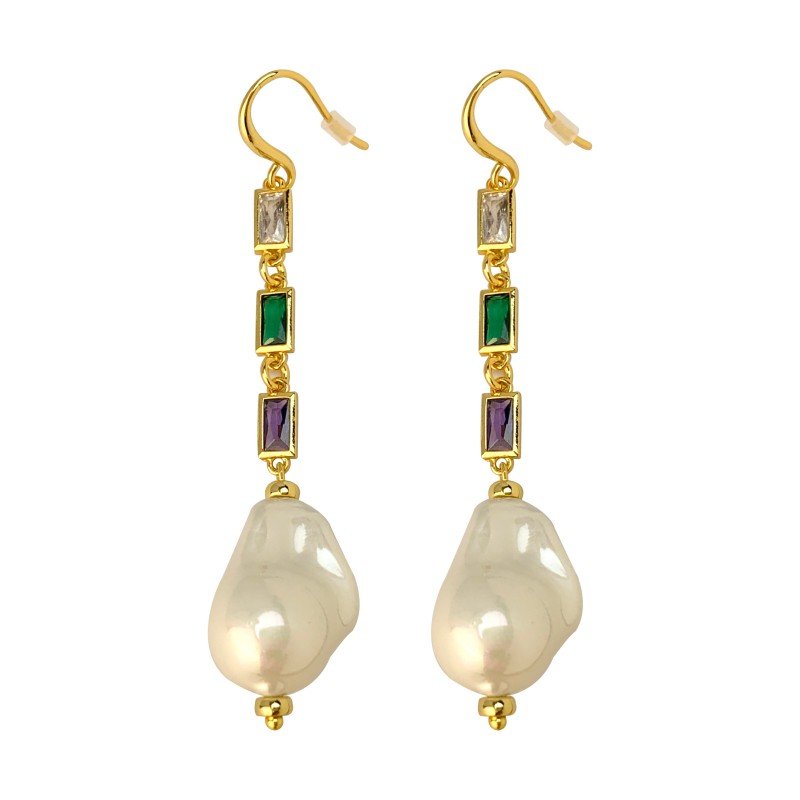 Baroque pearl & colorful zirconium and sweater-style earrings necklace