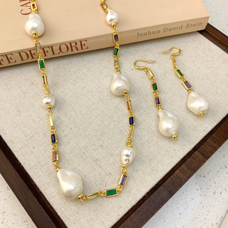 Baroque pearl & colorful zirconium and sweater-style earrings necklace