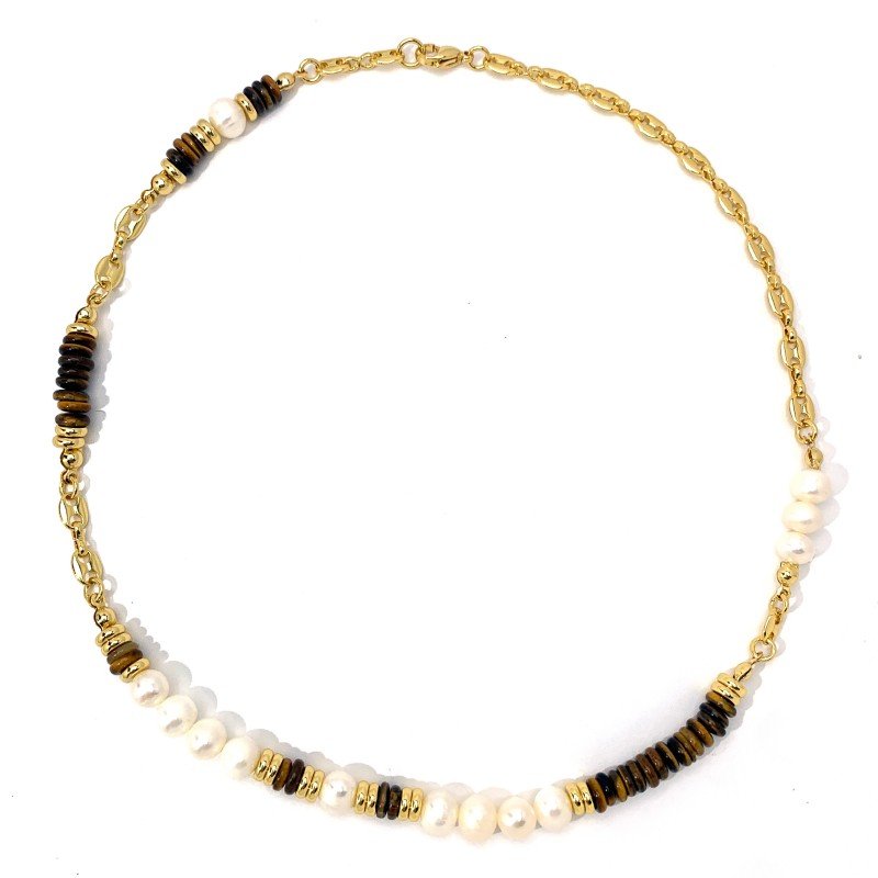 Tiger stone freshwater pearl patchwork design collar necklace