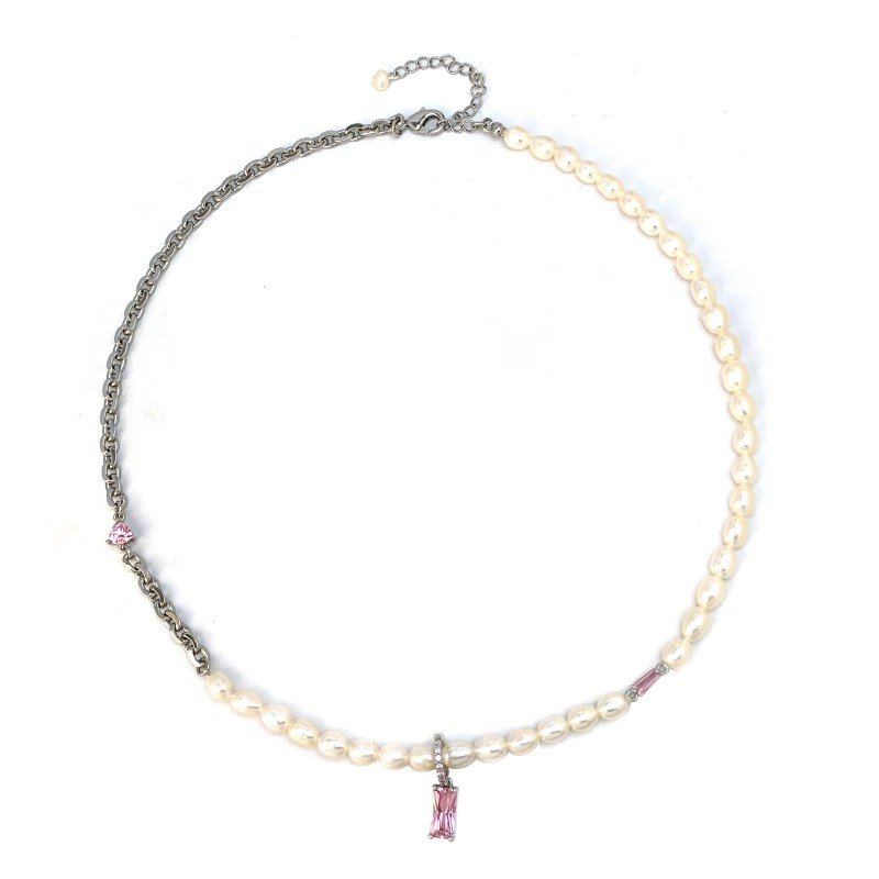 Titanium steel pearl zirconium stretch necklace