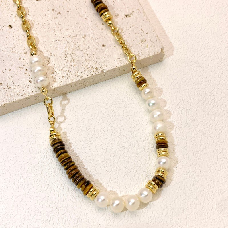 Tiger stone freshwater pearl patchwork design collar necklace