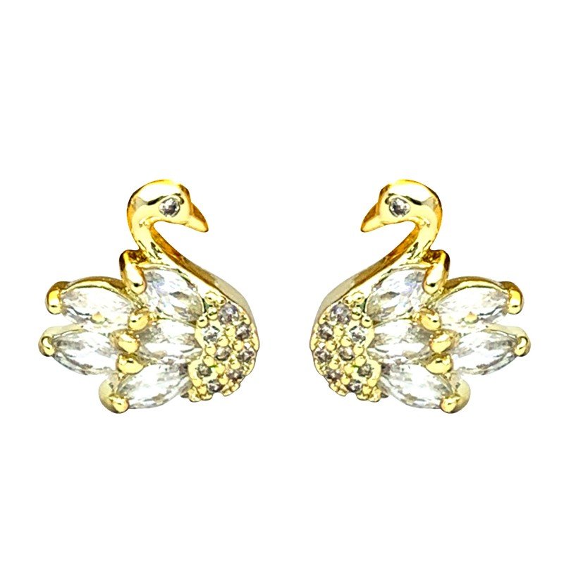 14k golden with colored micro-set zirconia swan-shaped earrings 