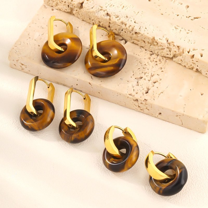 Stainless steel and natural tiger stone earrings