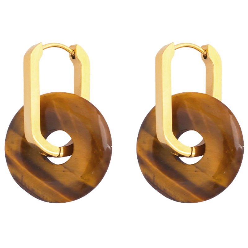 Stainless steel and natural tiger stone earrings