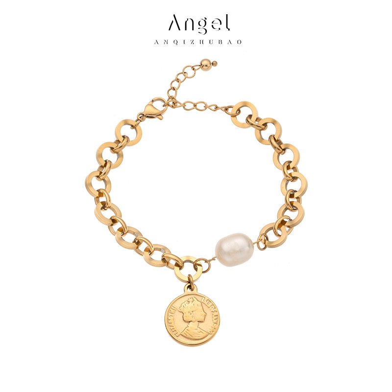 Titanium steel freshwater pearl roman coin adjustable vintage bracelet