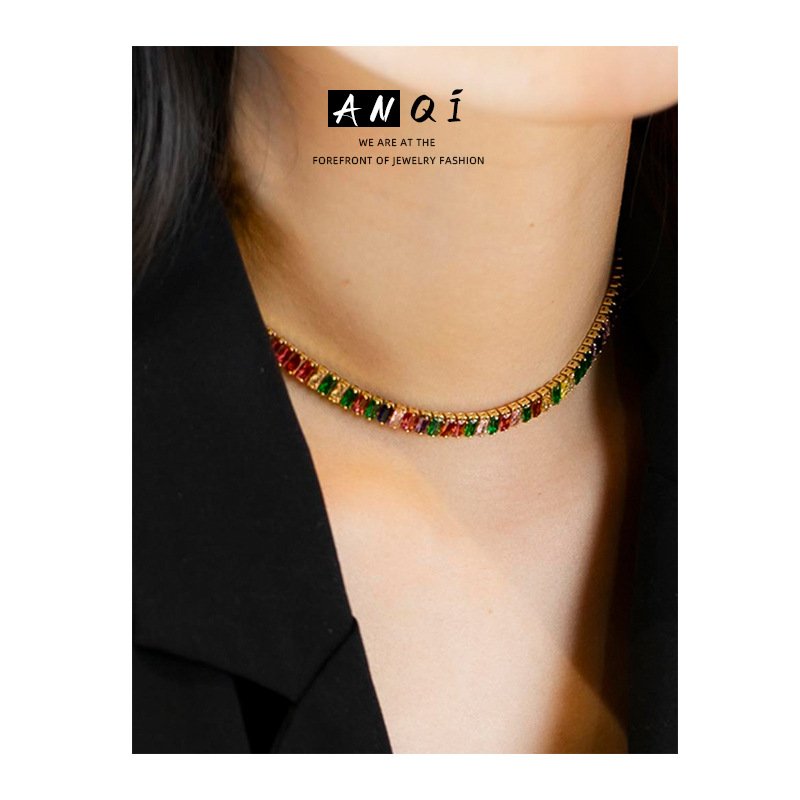 Colorful square vintage rhinestone zirconia necklace and bracelet