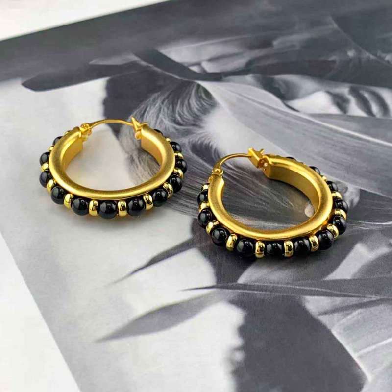 Retro circular bead-studded natural stone earrings