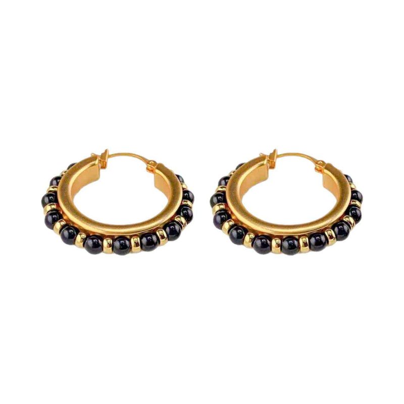 Retro circular bead-studded natural stone earrings