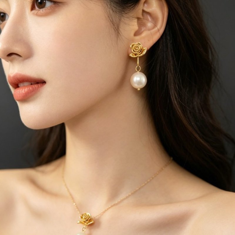 French Vintage Budding Rose Natural Freshwater Pearl Drop Earrings