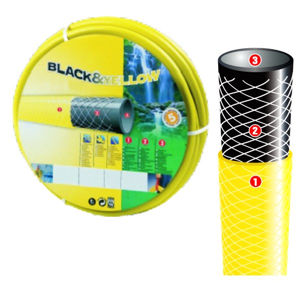 PVC GARDEN HOSE, 3 LAYERS, BLACK & YELLOW