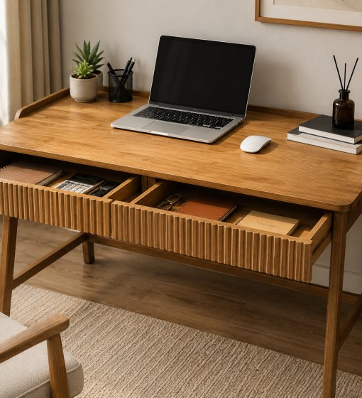Modern Wooden Writing Desk with Fluted Drawers