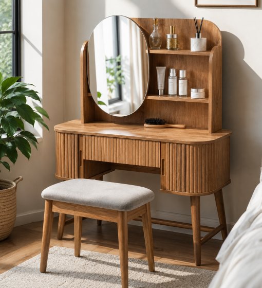Modern Wooden Vanity Desk with Mirror and Storage