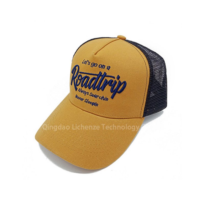 Cotton Twill 5 Panels 3D Flat Embroidery Mesh Net Hat Sport Metal Strap Trucker Cap