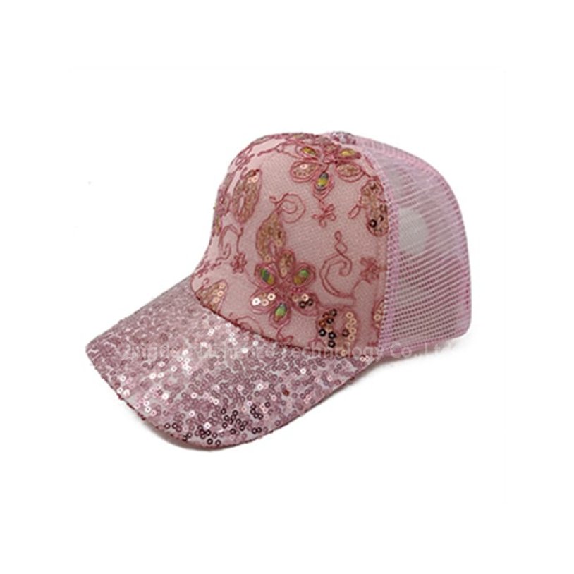 Fashion Lace Sequins Decoration Lady Women Headwear 5 Panels Mesh Trucker Cap 