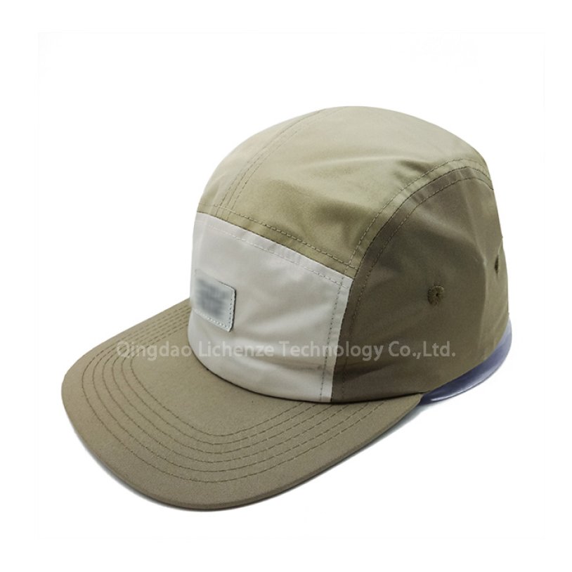 Quick Dry Coated Taslon Polyester Hard Brim 5 Panels Leather Patch Mesh Sport Camper Cap