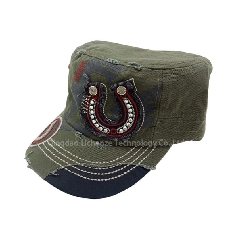Beads Diamonds Decorated Fashion Patrol Hat Adjustable Classic Vintage Flat Top Washed Sport Cadet Hat Multi Panel Army Green Caps Military Cap