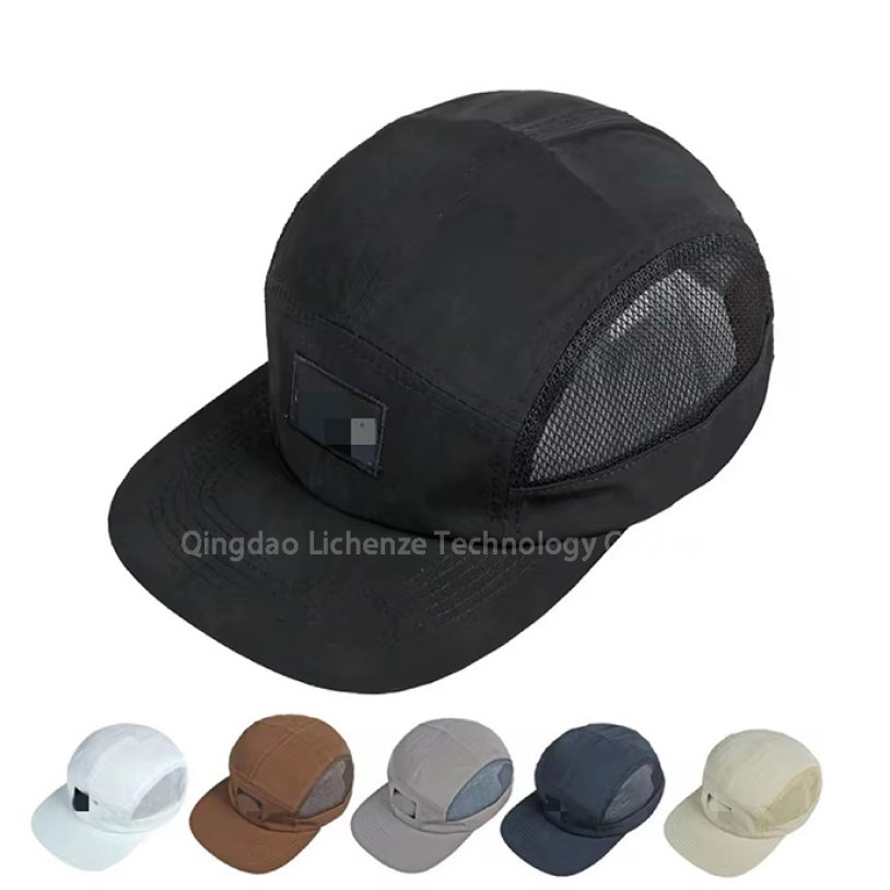 Quick Dry Peach Skin Polyester Hard Brim 5 Panels Breathable Mesh Hat Sport Camper Cap 