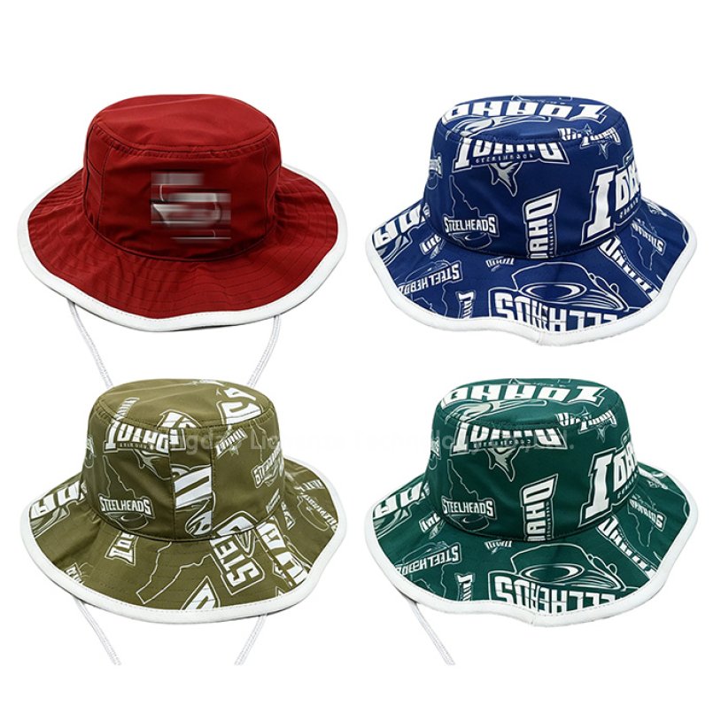 OEM Taslon Nylon Polyester Quick Dry Wide Brim Breathable Beach Cap 3D Flat Embroidery Aop Print Sport Cord String Bucket Hat