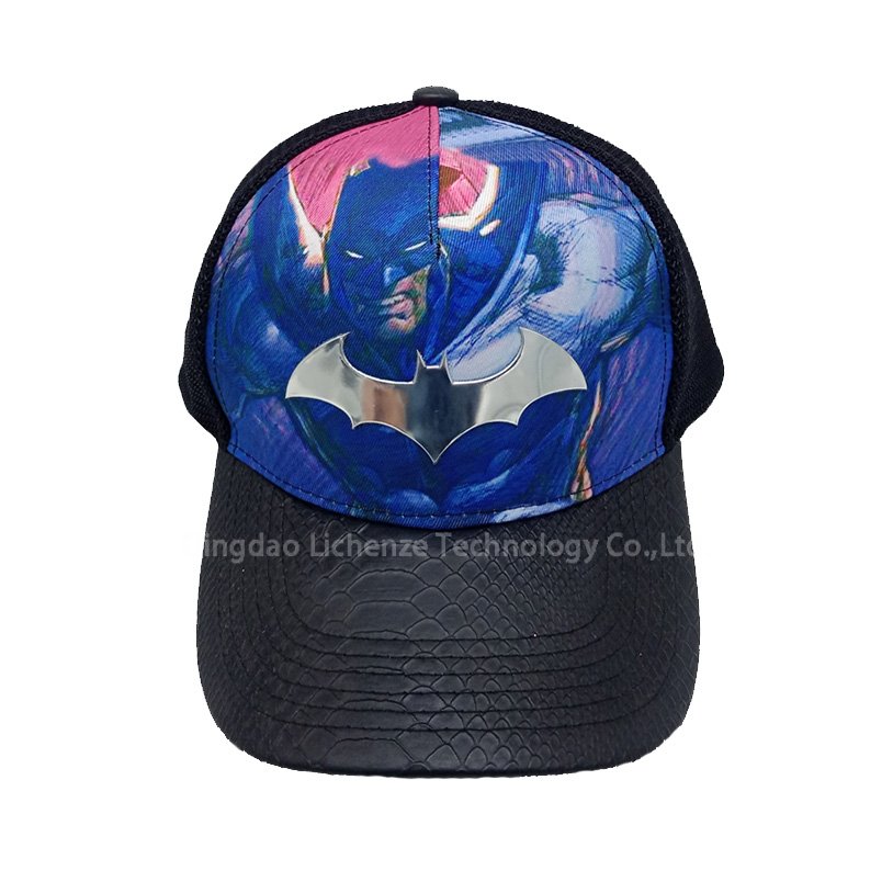 Factory Low Price but High Quality Leather Brim Sublimation Print Crown 5 Panels Mesh Hat  Kids Trucker Cap