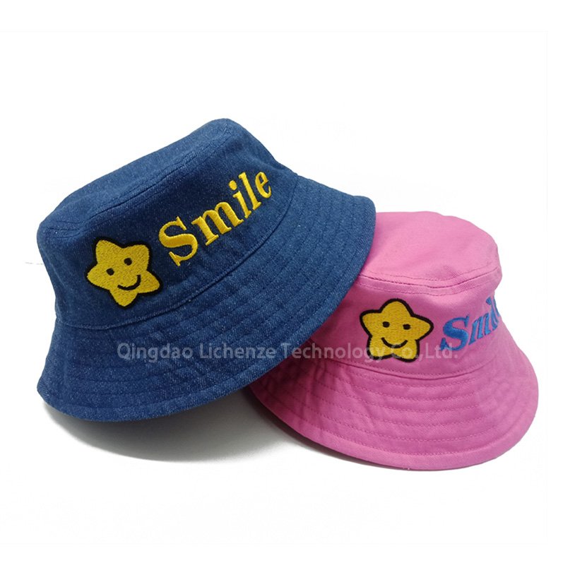 Custon Logo Cotton Twill and Denim Embroidery Kids Children Trend Lovely Wide Brim Bucket Hat