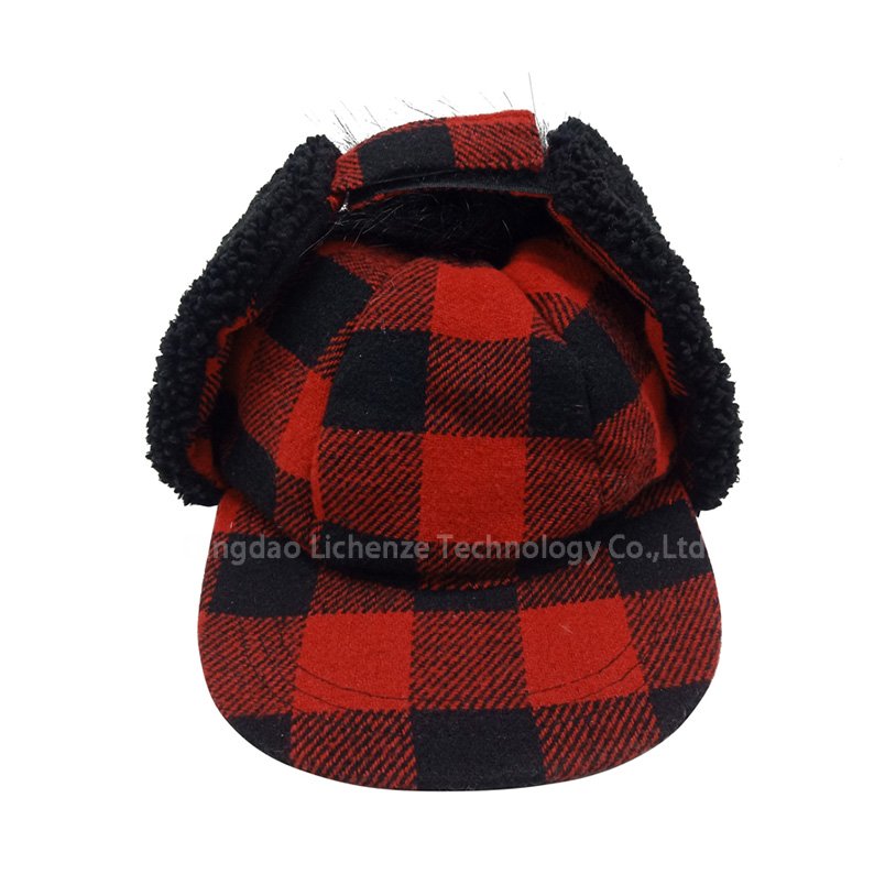 Check Cotton Fabric Flat Brim Fleece Ear Pom Decorated Kids Children Baseball Winter Hat