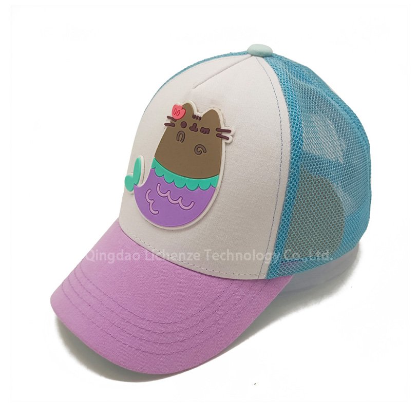 100%Cotton Twill Fabric Rubber Logo 5 Panels Girl Boy Headwear Kids Out Door Sport Sun UV Protection Mesh Hat Trucker Cap