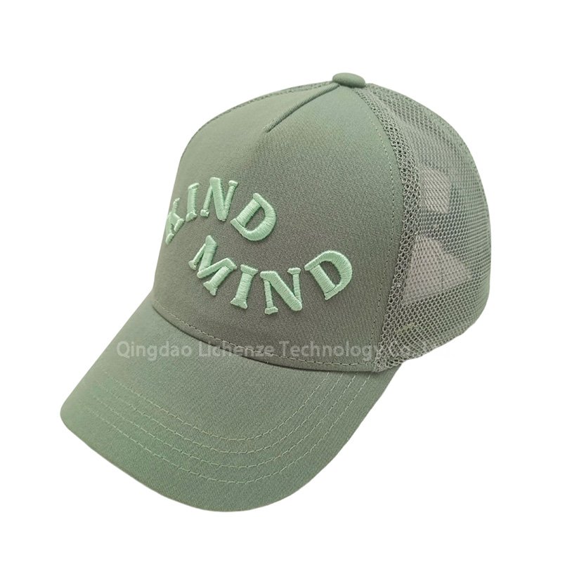 Fashion Trend Green Headwear 100% Cotton Twill 5 Panels 3D Embroidery Girl Boy Kids Mesh Hat Trucker Cap