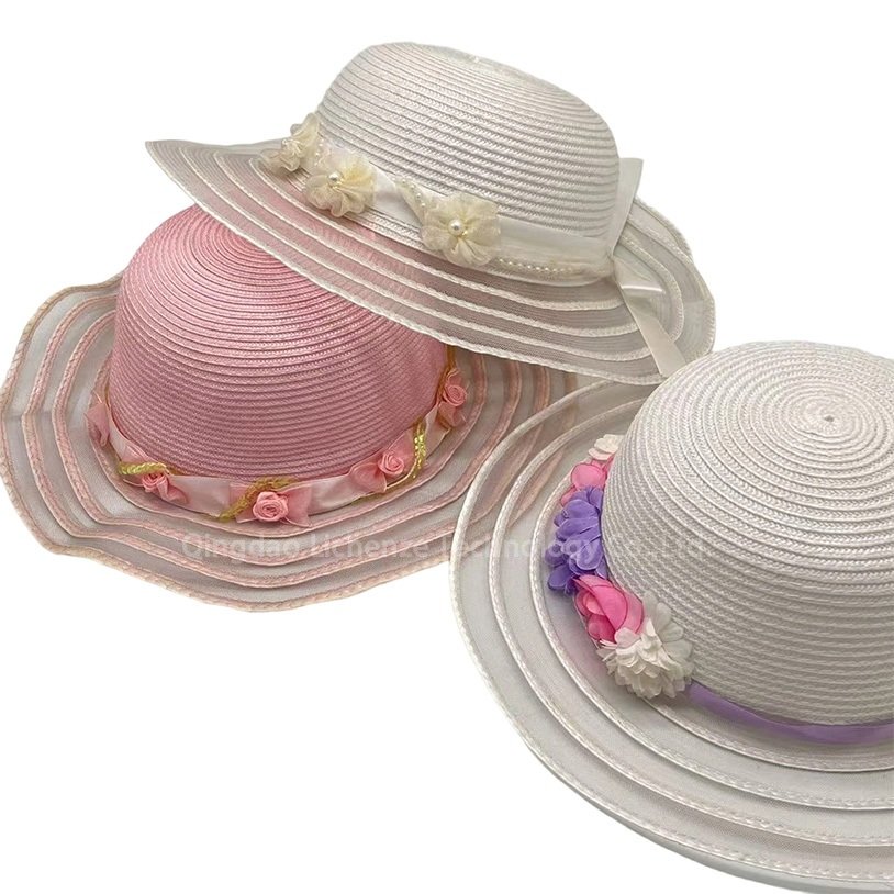 Trend Linen-like material,Gauze, Bead Lace Flower Decorated Kids Children's Gril's Summer Straw Hat