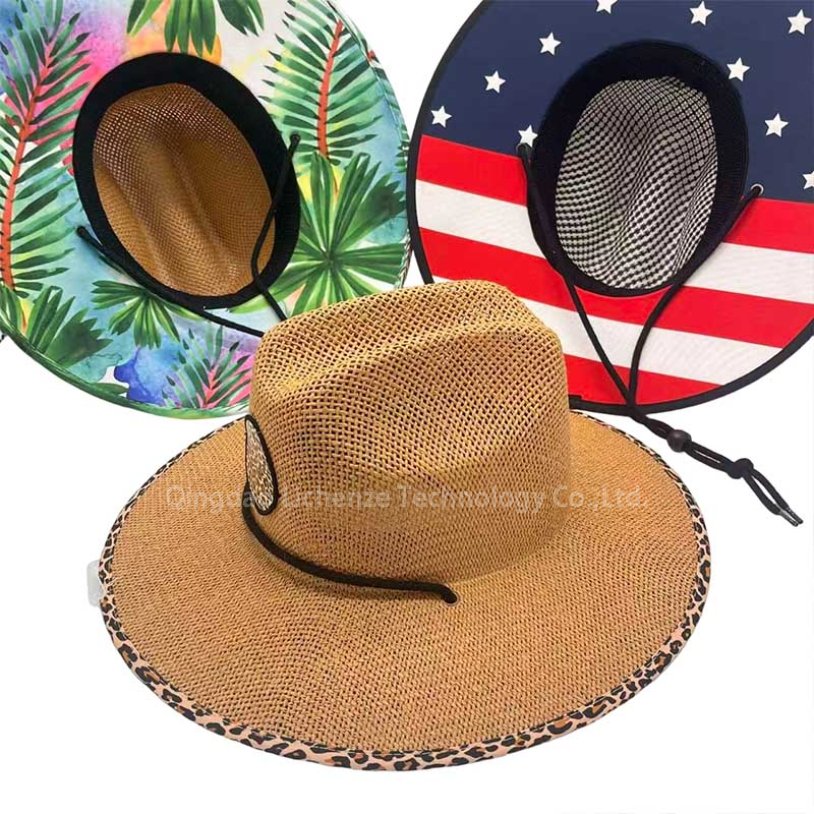 Custom Logo Hollow Sun Straw Hats Panama Style American Sombreros De Paja Surfing Lifeguard Natural, Paper, Lifeguard& Surf Straw Hat 