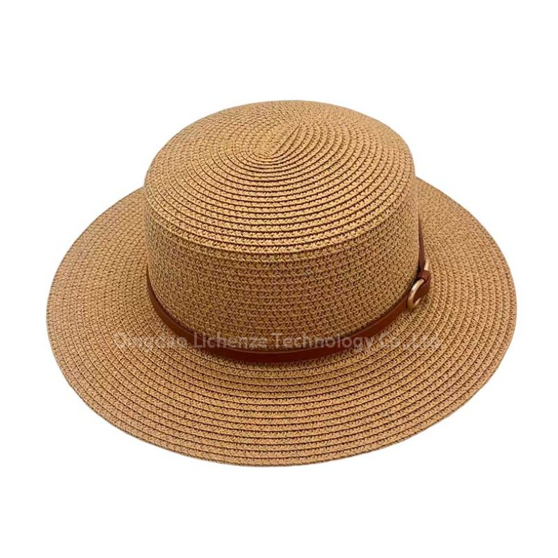 Custom Logo Paper Natural Grass Leather Belt Metal Buckle Decorated UV Protection Summer Beach Cap Boater Hat Straw Hat